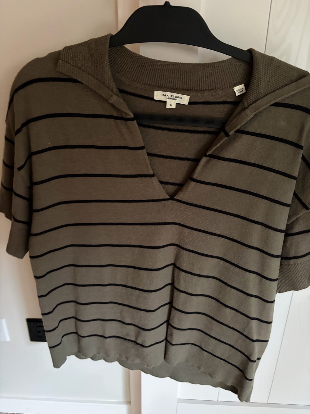 Max Studio Olive & Black Striped Hooded V-Neck Knit Top
